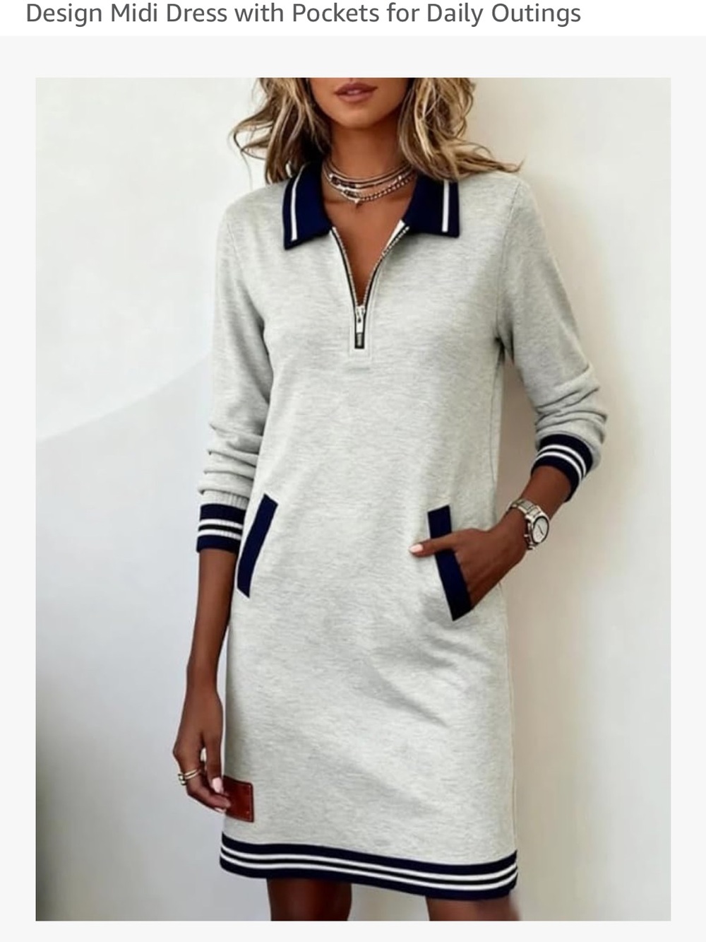 Casual Polo Zip Sweatshirt Dress in Light Gray with Navy Trim